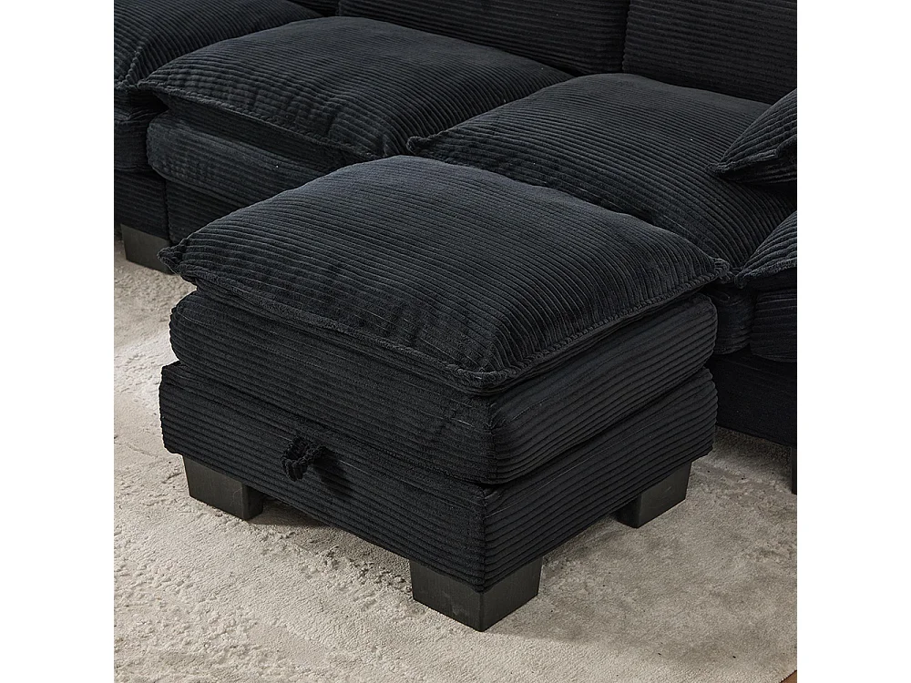 Canapé 2 places velours côtelé, avec deux repose-pieds，mousse haute densité,port USB-C et poches latérales，noir