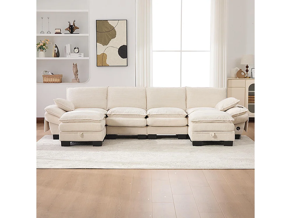 4-zitsbank van corduroy, met twee voetsteunen, schuim met hoge dichtheid, USB-C-poort en zijvakken, beige