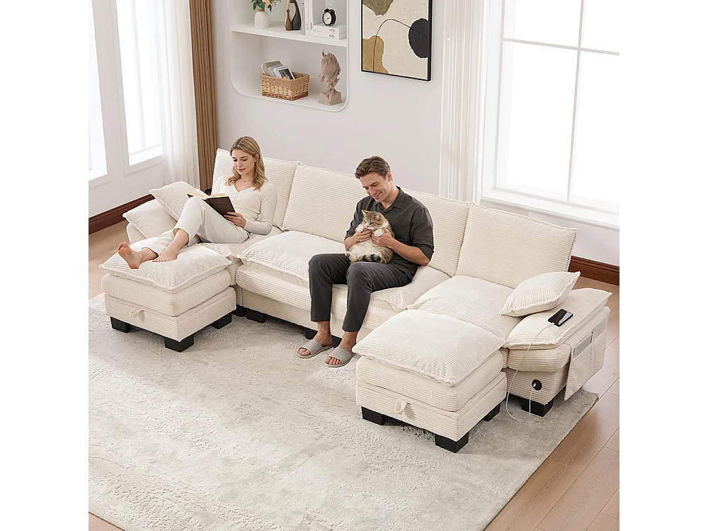 4-zitsbank van corduroy, met twee voetsteunen, schuim met hoge dichtheid, USB-C-poort en zijvakken, beige