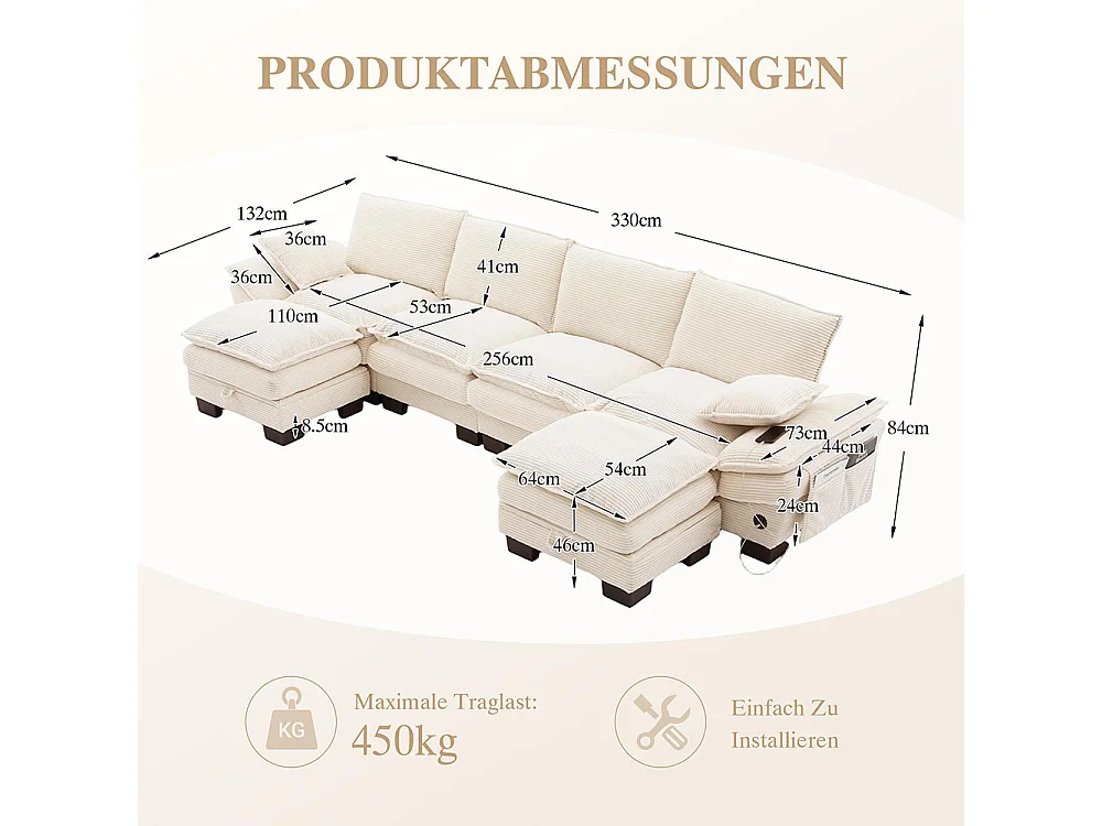4-zitsbank van corduroy, met twee voetsteunen, schuim met hoge dichtheid, USB-C-poort en zijvakken, beige