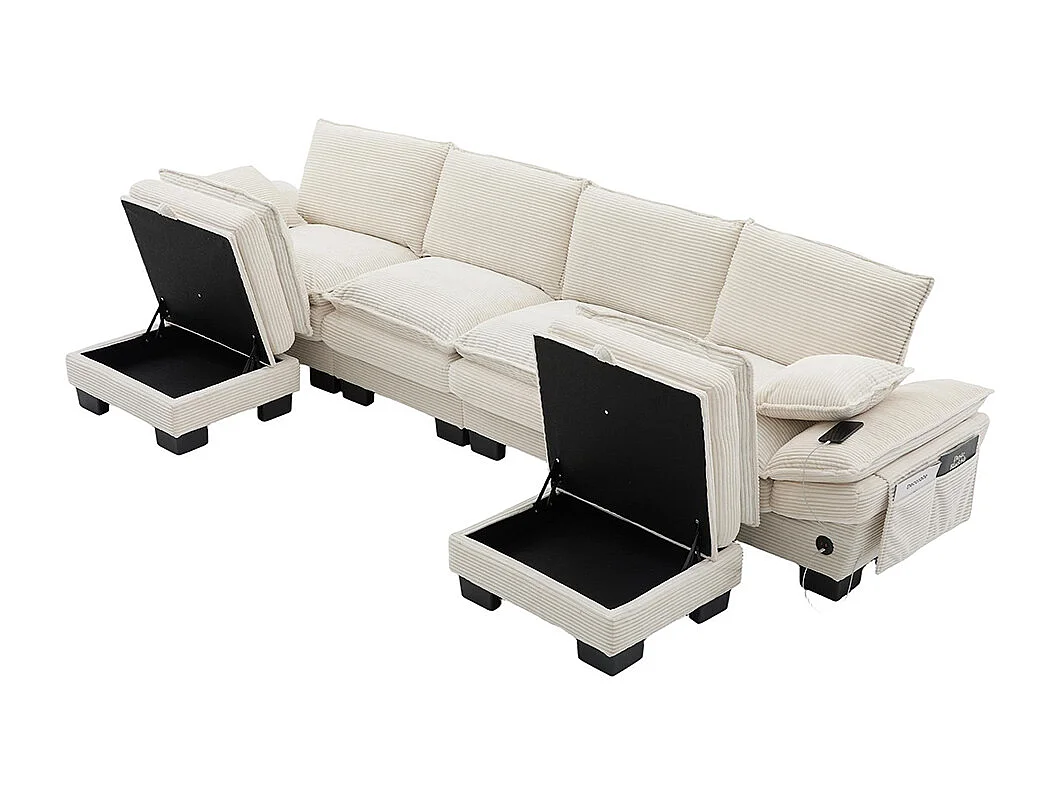 4-zitsbank van corduroy, met twee voetsteunen, schuim met hoge dichtheid, USB-C-poort en zijvakken, beige