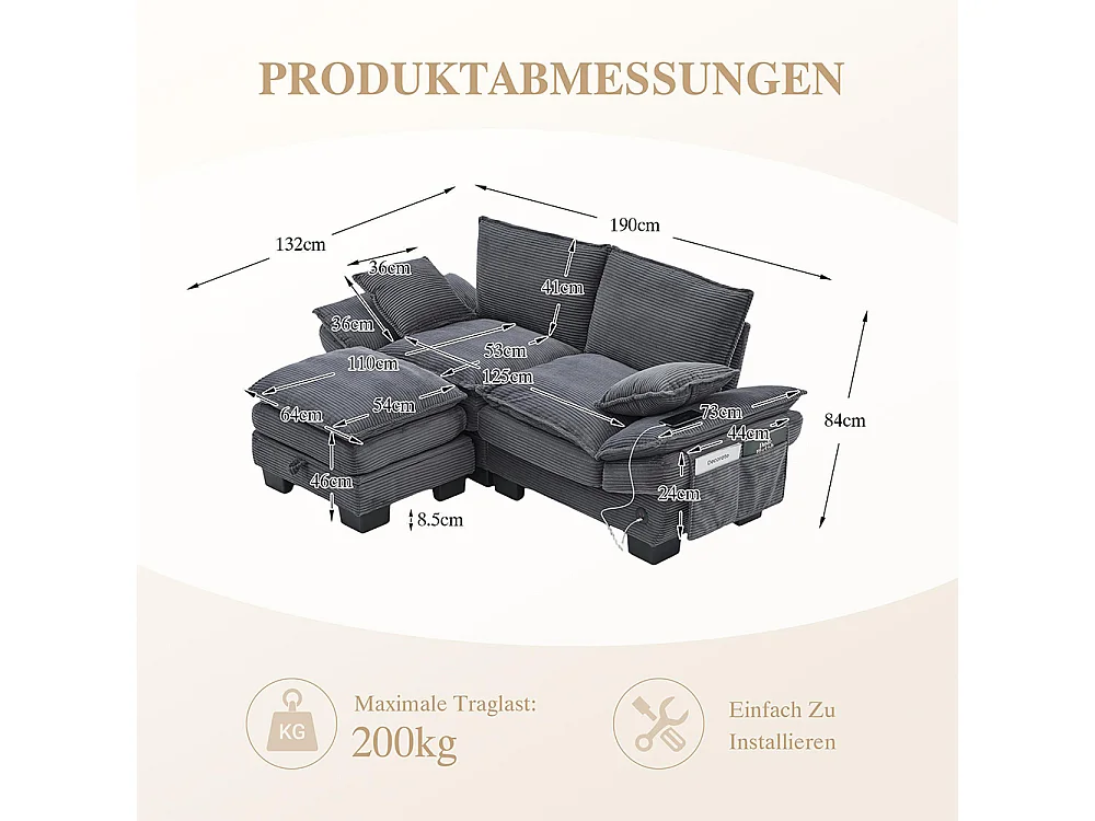 Canapé 2 places velours côtelé, repose-pieds inclus，mousse haute densité,port USB-C et poches latérales，gris foncé