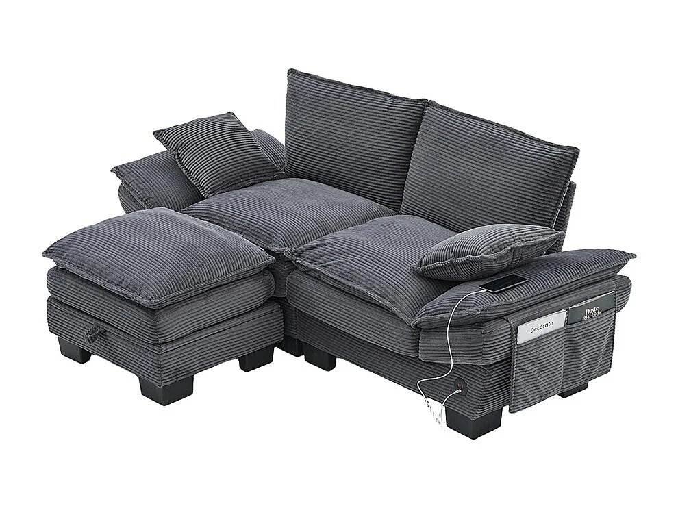 Canapé 2 places velours côtelé, repose-pieds inclus，mousse haute densité,port USB-C et poches latérales，gris foncé