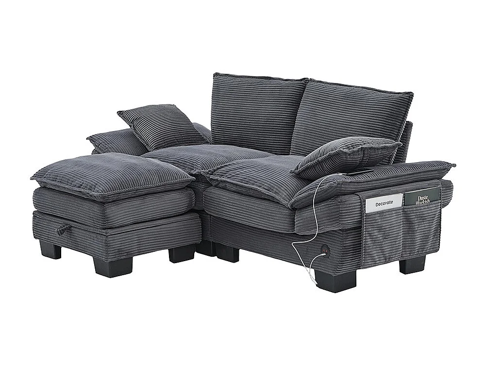 Canapé 2 places velours côtelé, repose-pieds inclus，mousse haute densité,port USB-C et poches latérales，gris foncé