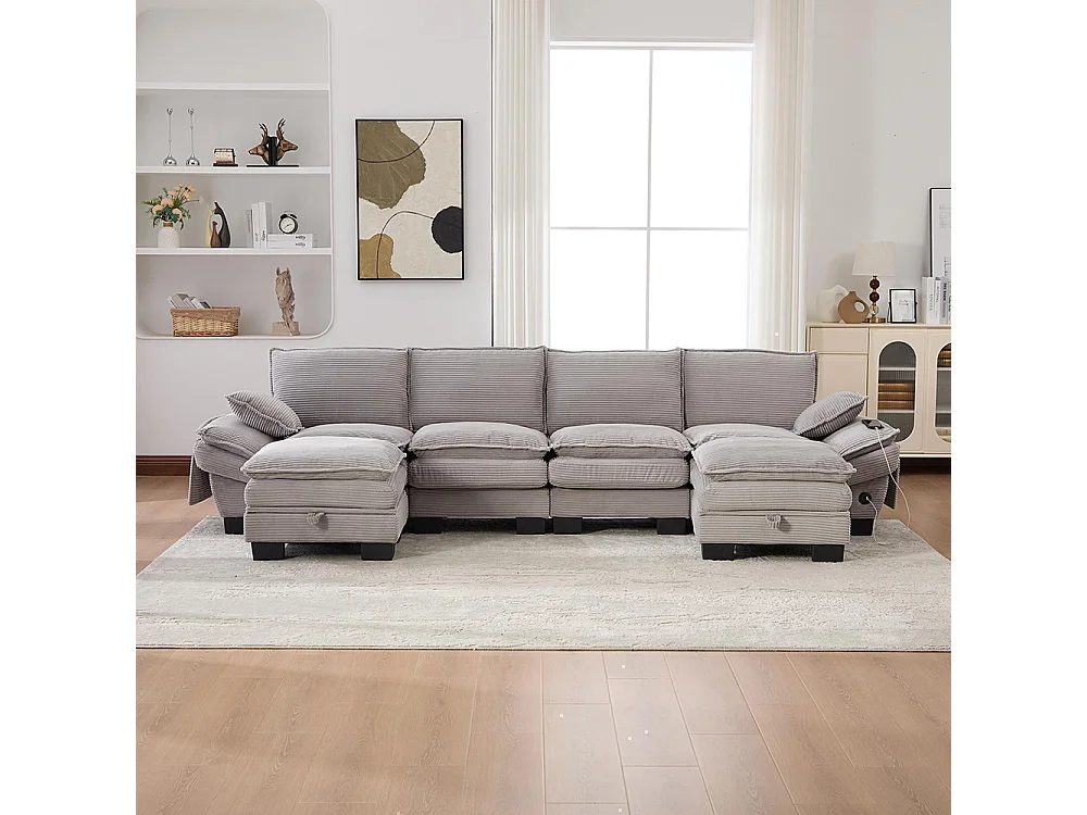 Canapé 4 places velours côtelé, avec deux repose-pieds，mousse haute densité,port USB-C et poches latérales，gris clair