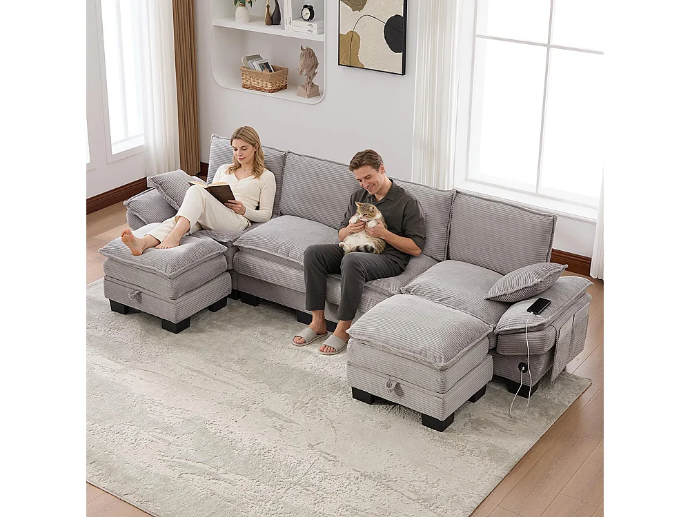 Canapé 4 places velours côtelé, avec deux repose-pieds，mousse haute densité,port USB-C et poches latérales，gris clair