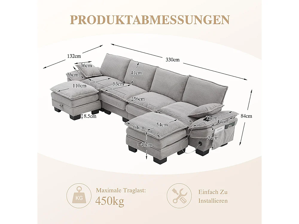 Canapé 4 places velours côtelé, avec deux repose-pieds，mousse haute densité,port USB-C et poches latérales，gris clair