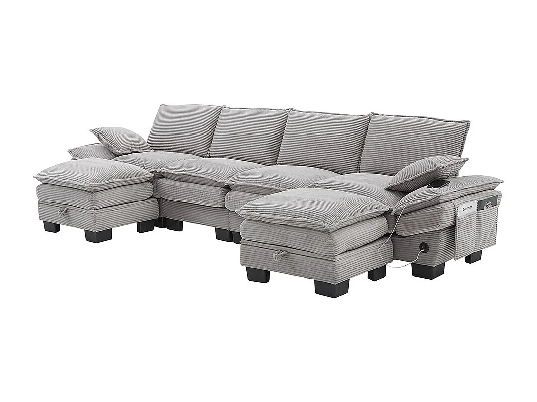 Canapé 4 places velours côtelé, avec deux repose-pieds，mousse haute densité,port USB-C et poches latérales，gris clair