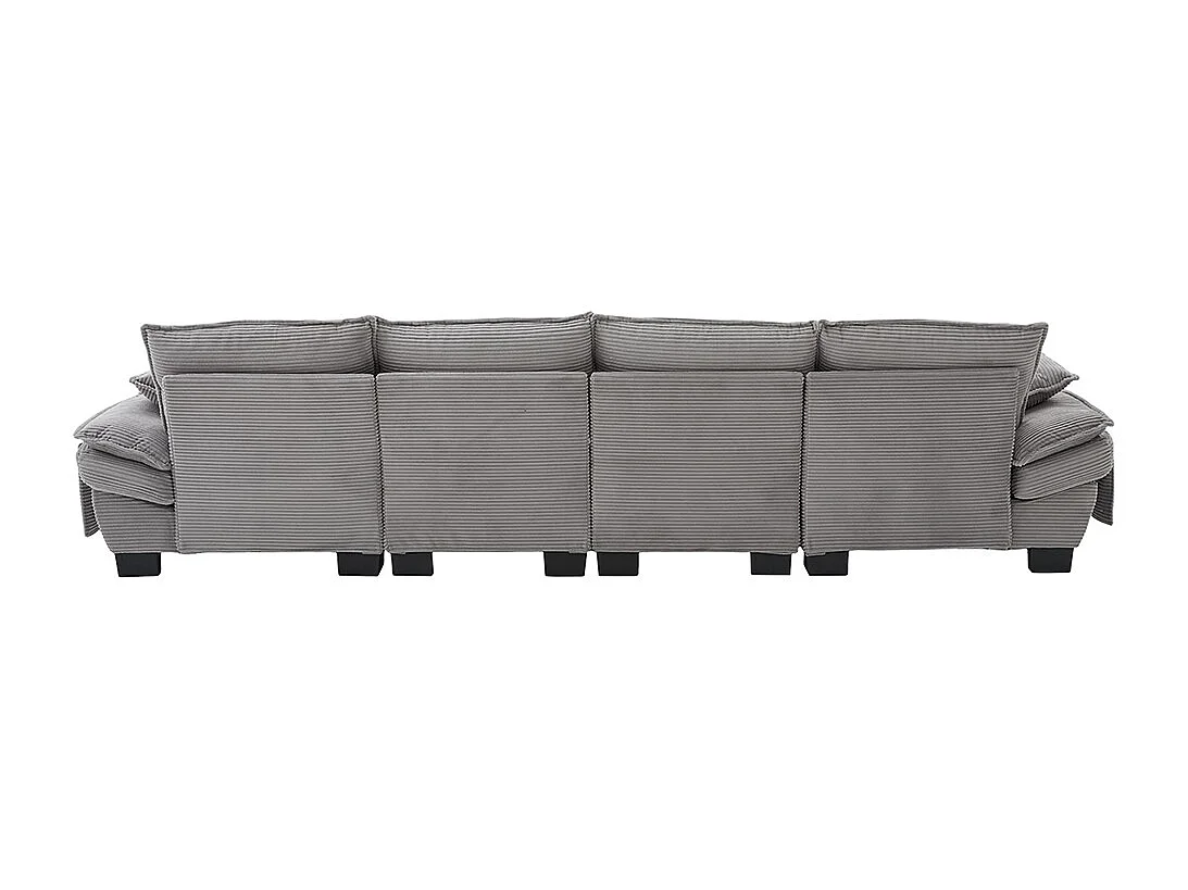 Canapé 4 places velours côtelé, avec deux repose-pieds，mousse haute densité,port USB-C et poches latérales，gris clair