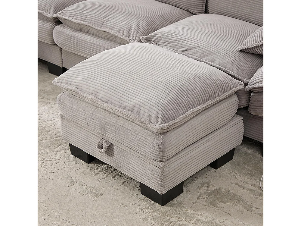 Canapé 4 places velours côtelé, avec deux repose-pieds，mousse haute densité,port USB-C et poches latérales，gris clair