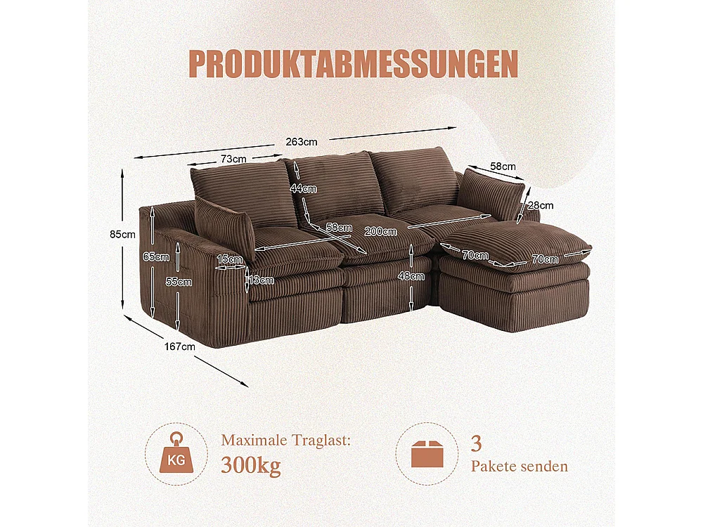 Sofá de três lugares (com apoio para os pés), em veludo cotelê, com almofadas e bolsos laterais, estofamento em espuma e molas, castanho