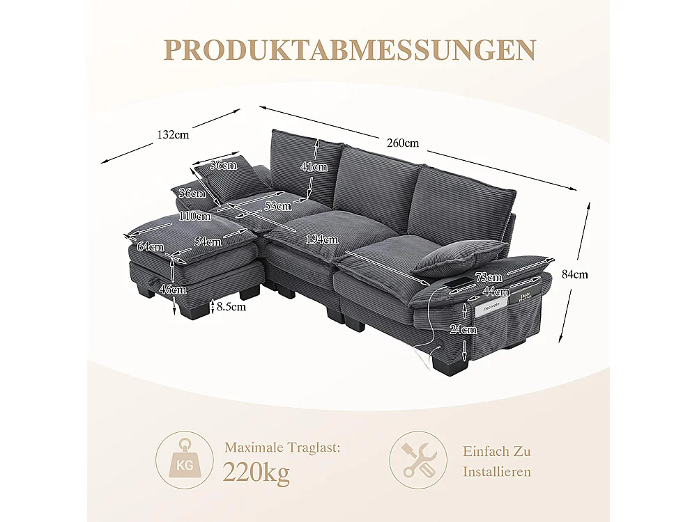 Canapé 3 places velours côtelé, repose-pieds inclus，mousse haute densité,port USB-C et poches latérales，gris foncé
