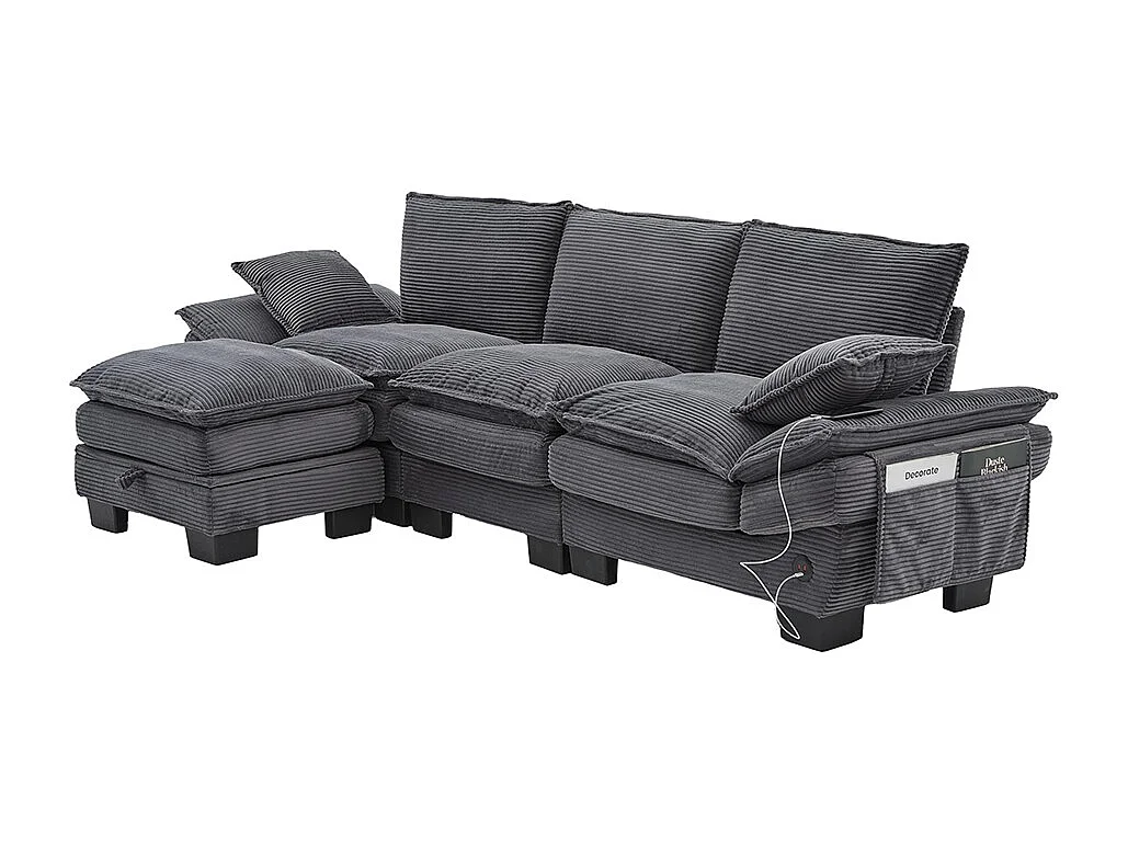 Canapé 3 places velours côtelé, repose-pieds inclus，mousse haute densité,port USB-C et poches latérales，gris foncé