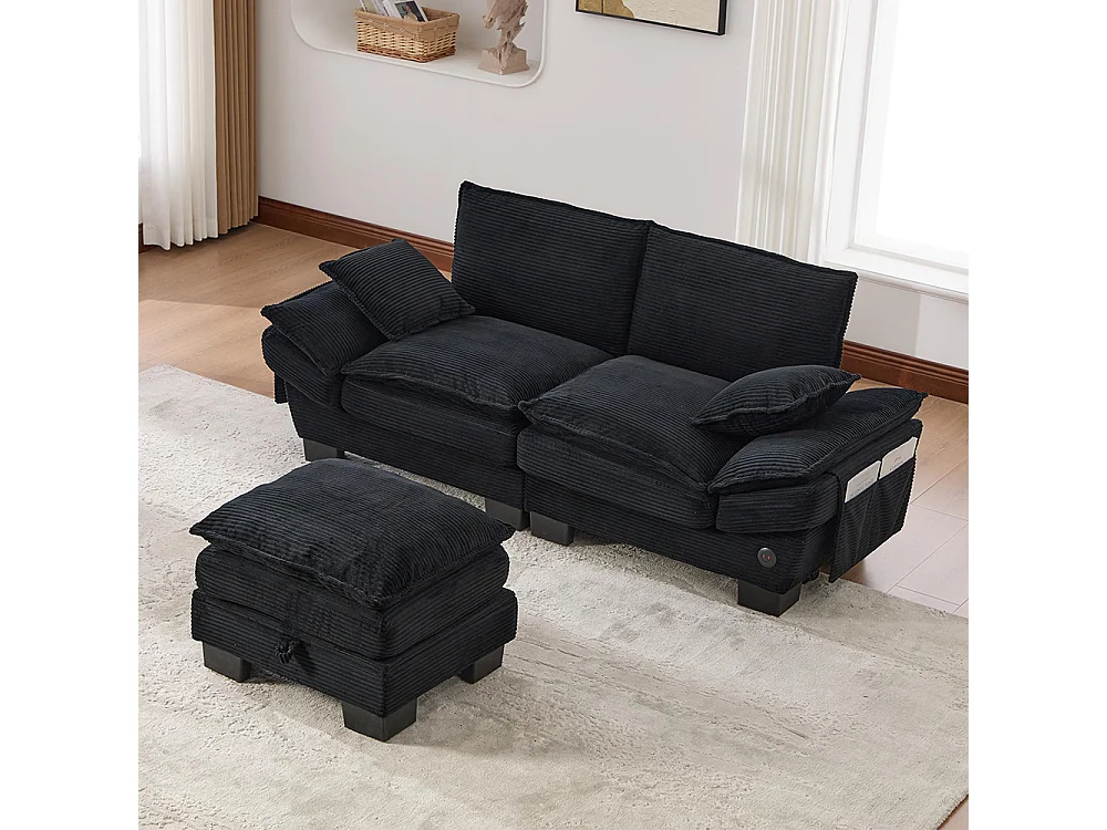 Canapé 2 places velours côtelé, repose-pieds inclus，mousse haute densité,port USB-C et poches latérales，noir