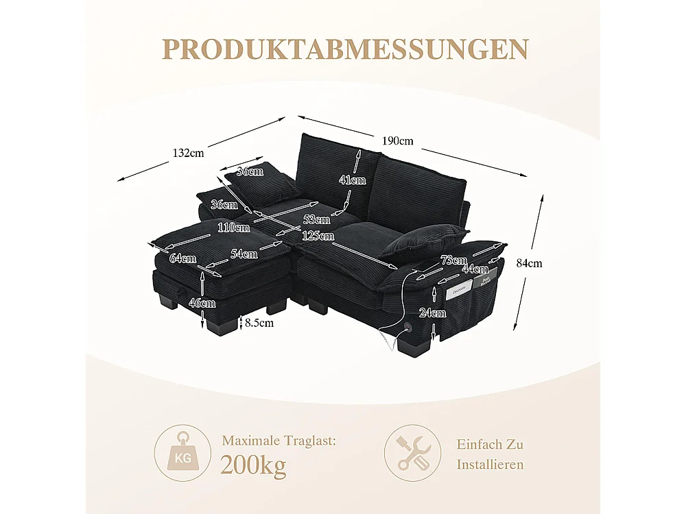 Canapé 2 places velours côtelé, repose-pieds inclus，mousse haute densité,port USB-C et poches latérales，noir