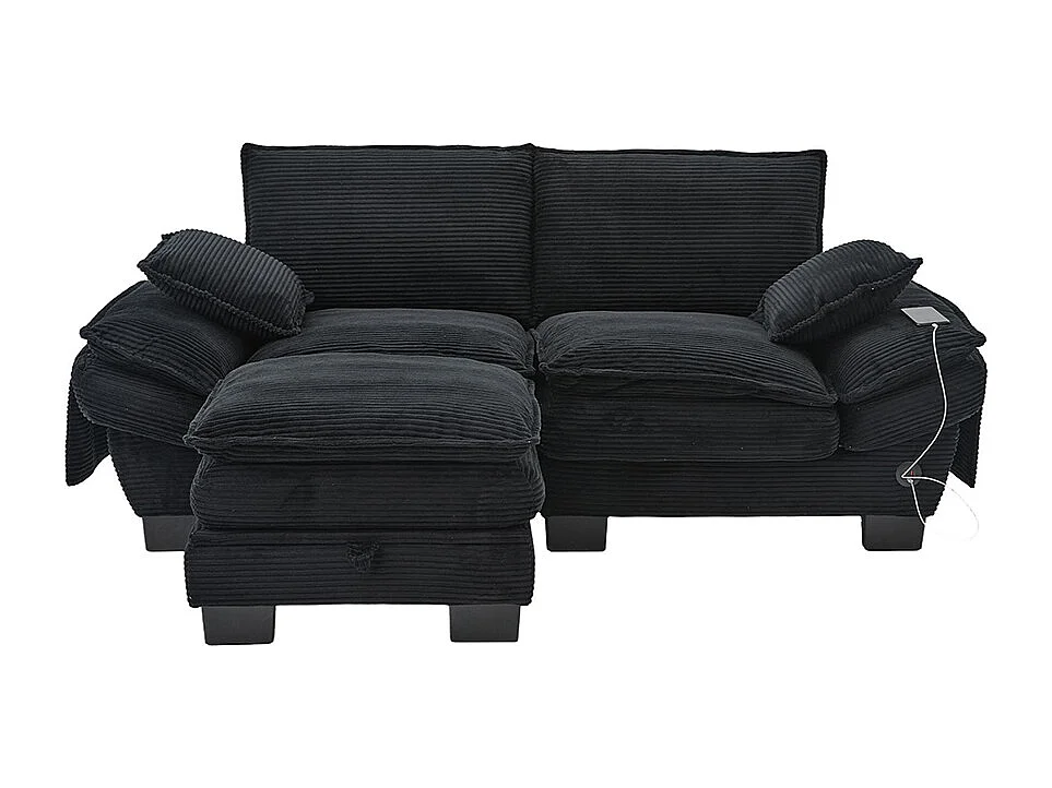 Canapé 2 places velours côtelé, repose-pieds inclus，mousse haute densité,port USB-C et poches latérales，noir