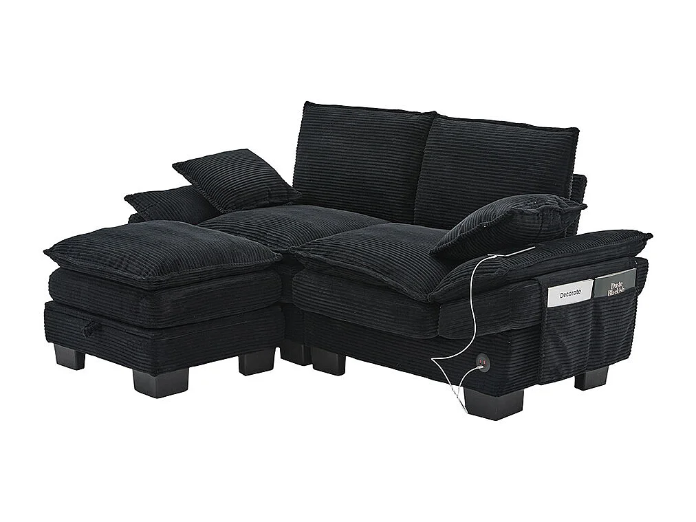 Canapé 2 places velours côtelé, repose-pieds inclus，mousse haute densité,port USB-C et poches latérales，noir