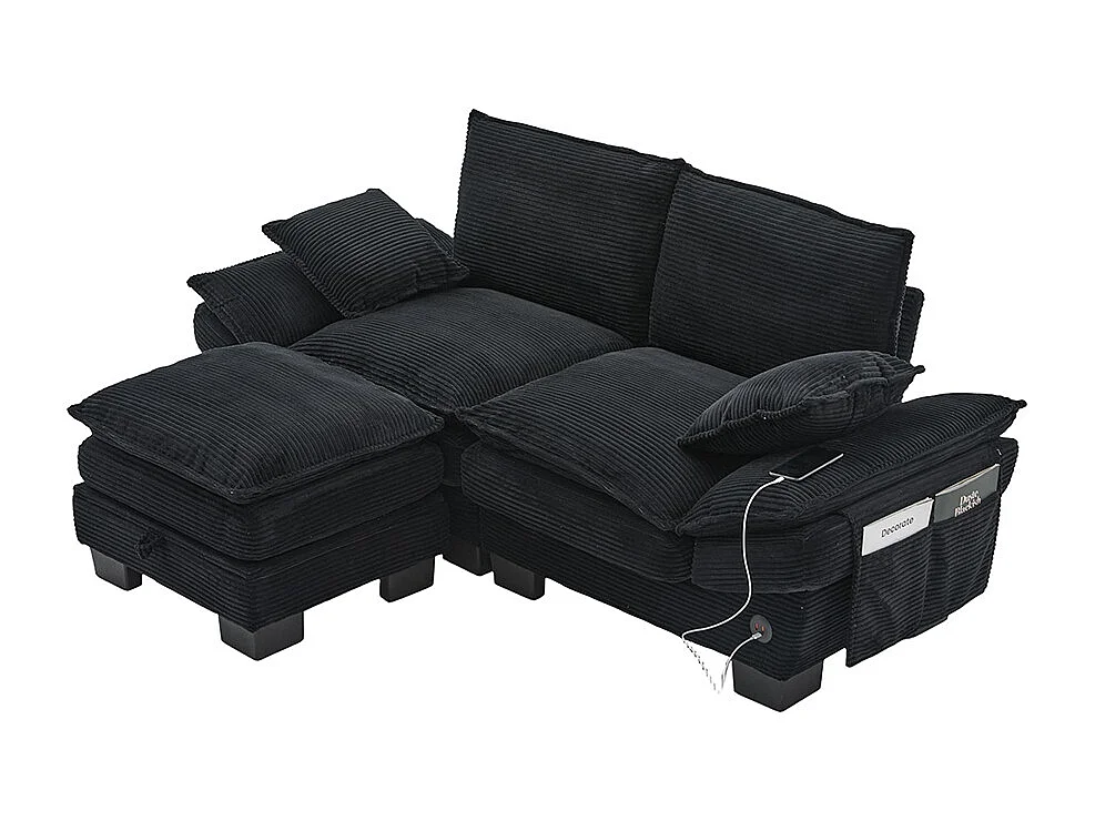 Canapé 2 places velours côtelé, repose-pieds inclus，mousse haute densité,port USB-C et poches latérales，noir