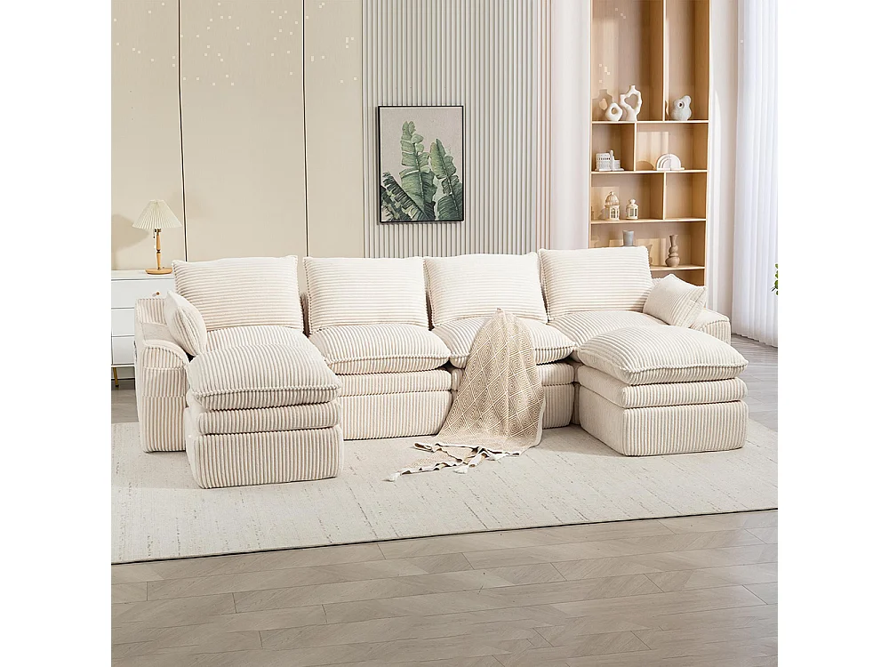 Canapé 4 places (avec repose-pieds), en velours côtelé, avec coussins et poches latérales, rembourrage en mousse et ressorts, beige