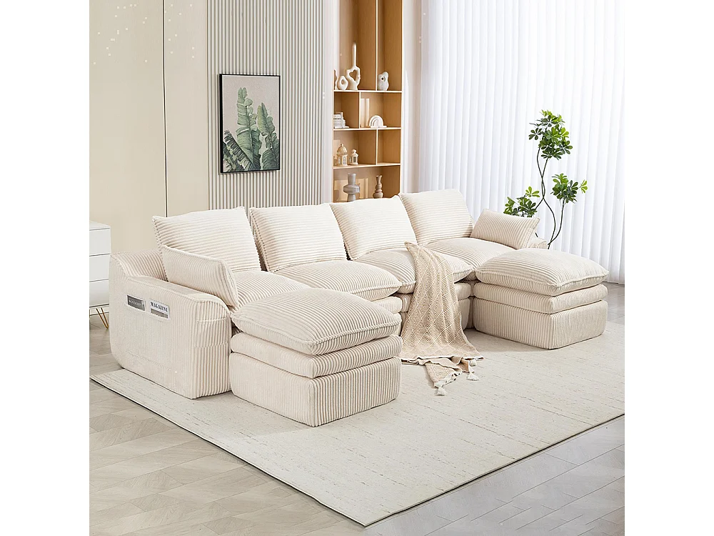 Canapé 4 places (avec repose-pieds), en velours côtelé, avec coussins et poches latérales, rembourrage en mousse et ressorts, beige