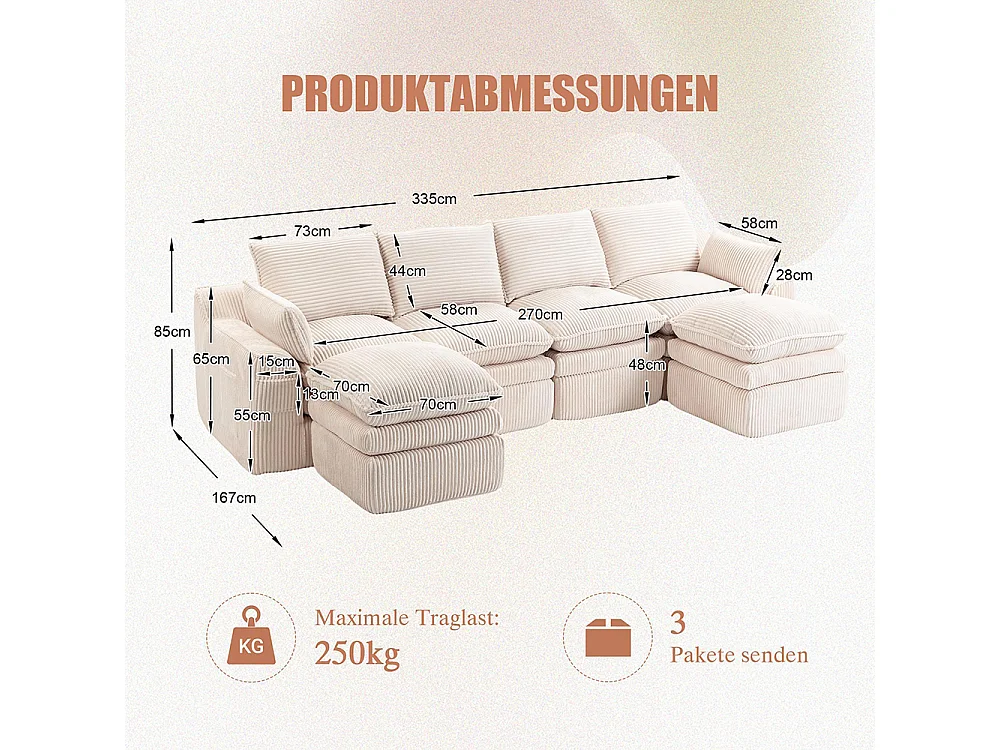 Canapé 4 places (avec repose-pieds), en velours côtelé, avec coussins et poches latérales, rembourrage en mousse et ressorts, beige