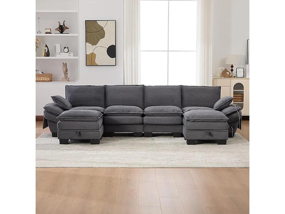 Canapé 4 places velours côtelé, avec deux repose-pieds，mousse haute densité,port USB-C et poches latérales，gris foncé