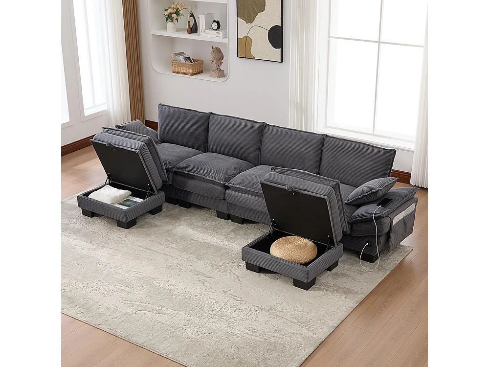 Canapé 4 places velours côtelé, avec deux repose-pieds，mousse haute densité,port USB-C et poches latérales，gris foncé