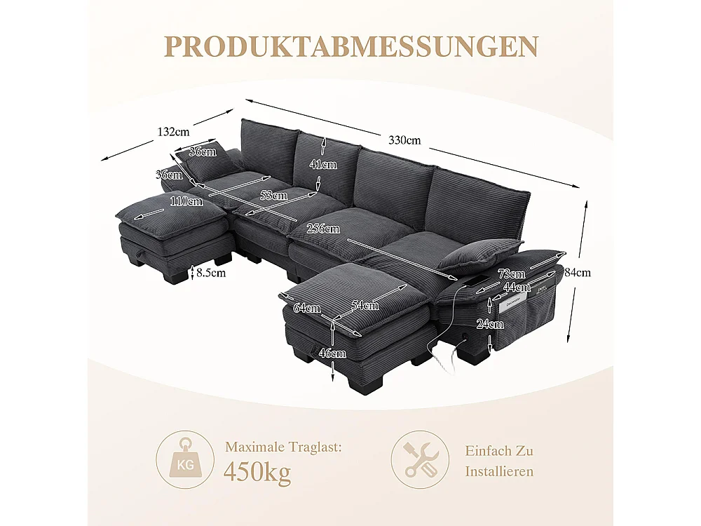 Canapé 4 places velours côtelé, avec deux repose-pieds，mousse haute densité,port USB-C et poches latérales，gris foncé