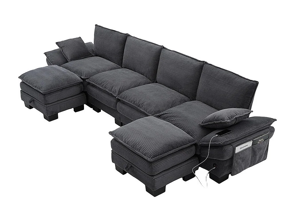 Canapé 4 places velours côtelé, avec deux repose-pieds，mousse haute densité,port USB-C et poches latérales，gris foncé