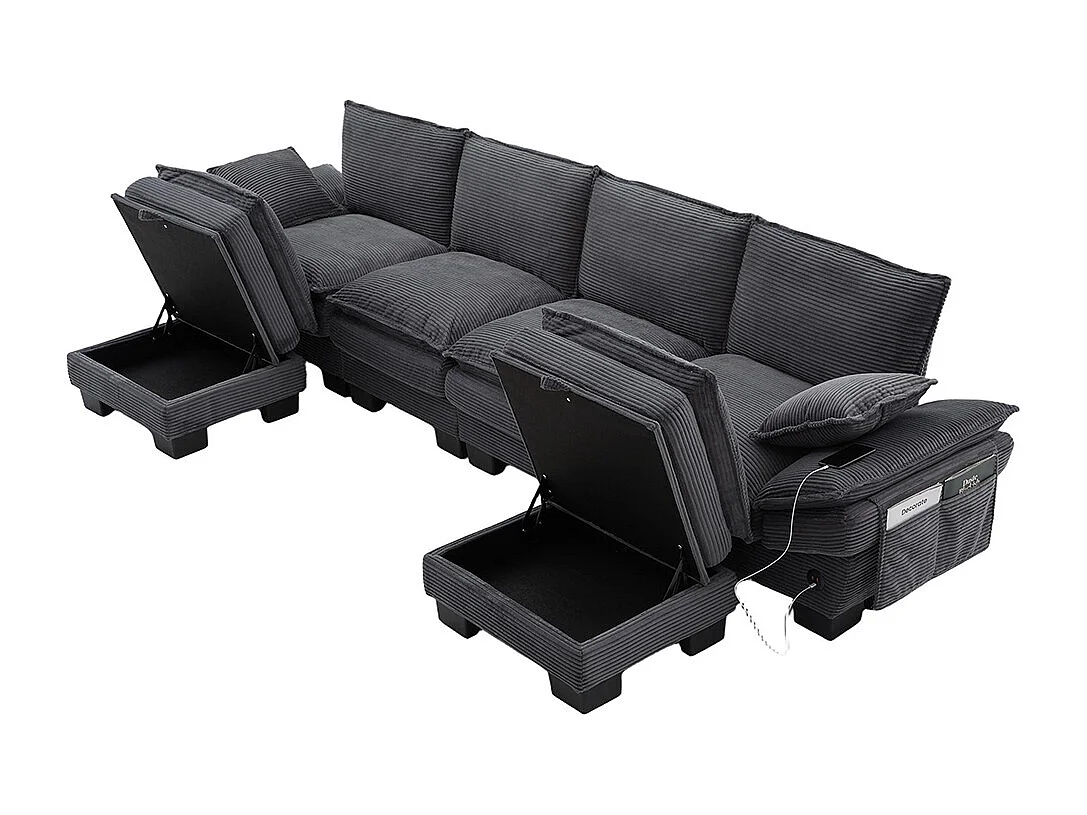 Canapé 4 places velours côtelé, avec deux repose-pieds，mousse haute densité,port USB-C et poches latérales，gris foncé