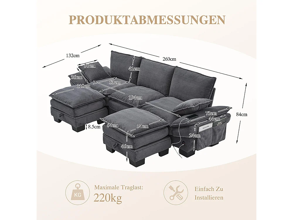 Canapé 3 places velours côtelé, avec deux repose-pieds，mousse haute densité,port USB-C et poches latérales，gris foncé