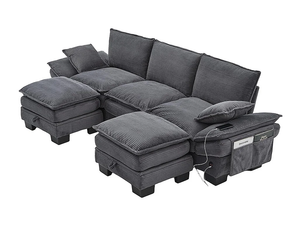 Canapé 3 places velours côtelé, avec deux repose-pieds，mousse haute densité,port USB-C et poches latérales，gris foncé