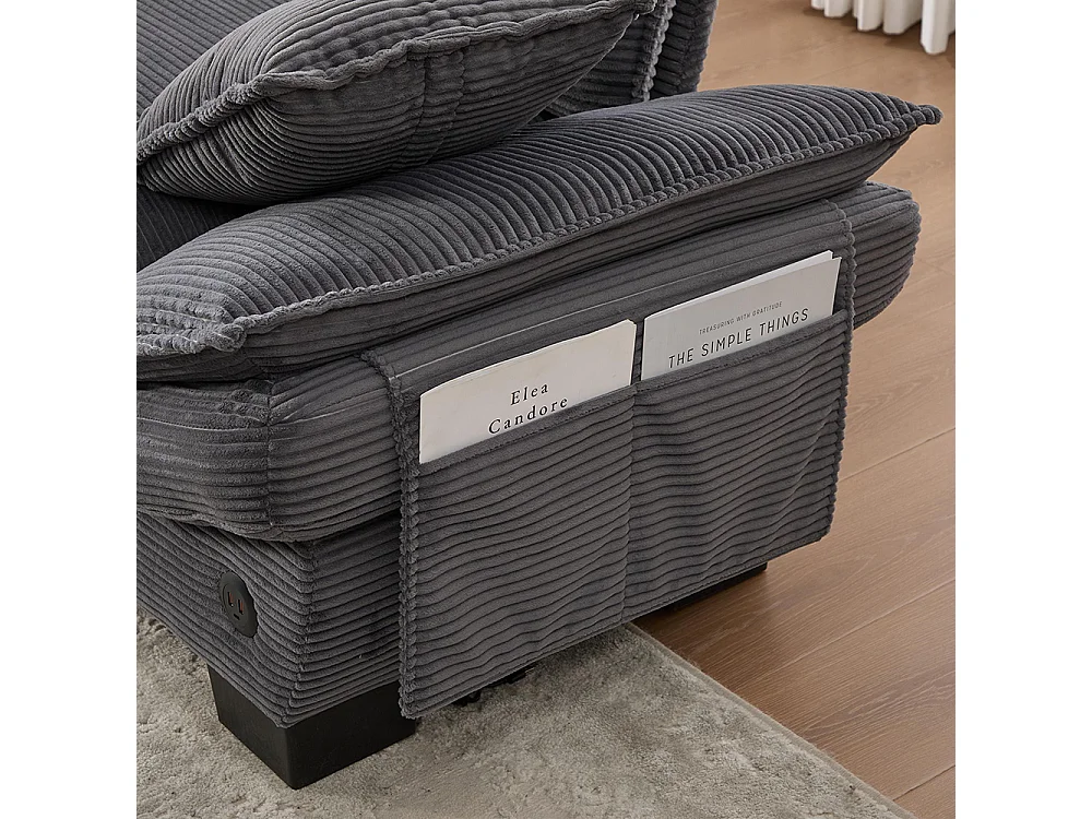 Canapé 3 places velours côtelé, avec deux repose-pieds，mousse haute densité,port USB-C et poches latérales，gris foncé