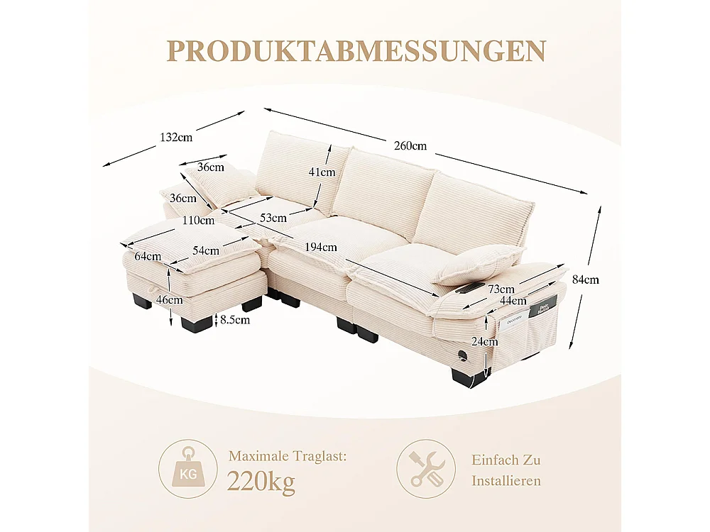 3-zitsbank van corduroy, inclusief voetensteun, schuim met hoge dichtheid, USB-C-poort en zijvakken, beige