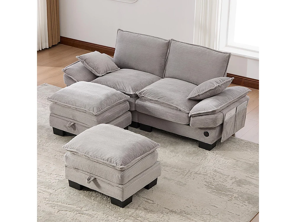 Canapé 2 places velours côtelé, avec deux repose-pieds，mousse haute densité,port USB-C et poches latérales，gris clair