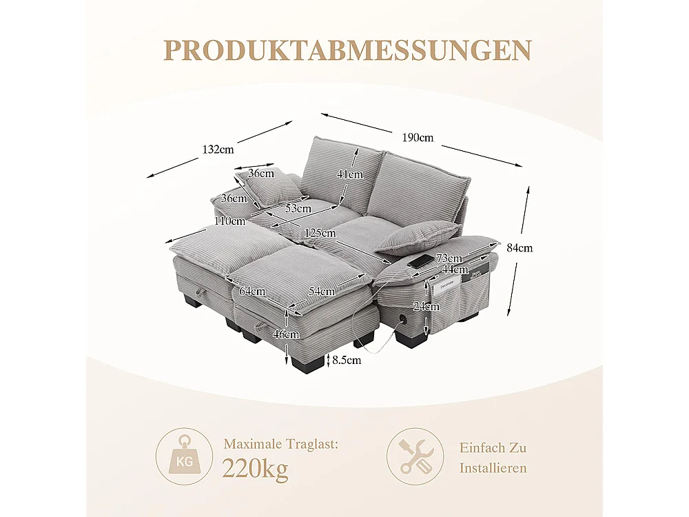 Canapé 2 places velours côtelé, avec deux repose-pieds，mousse haute densité,port USB-C et poches latérales，gris clair