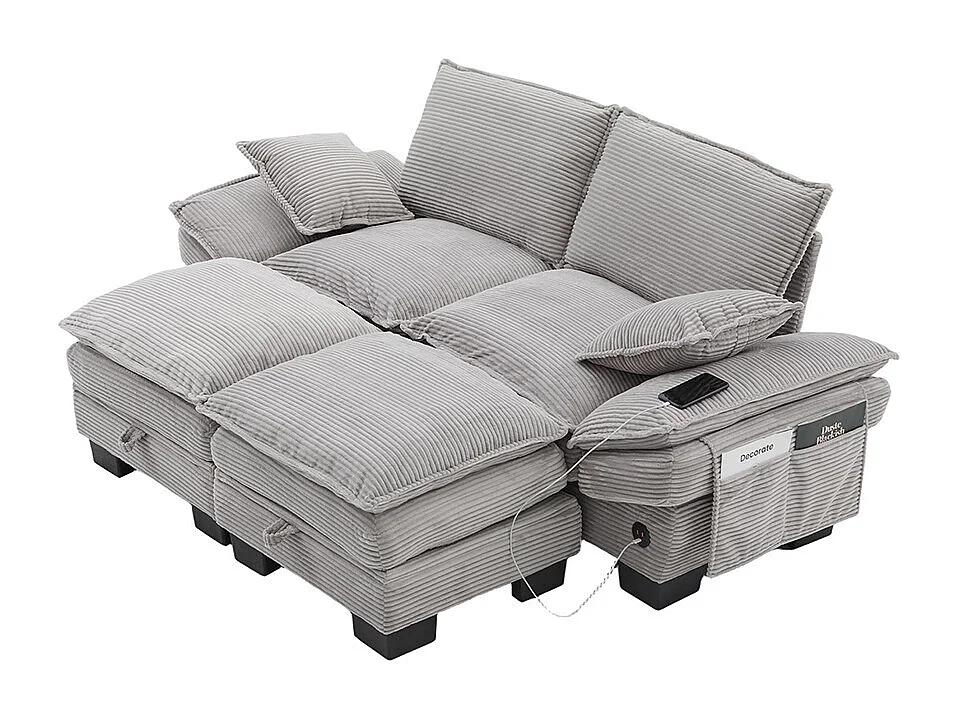 Canapé 2 places velours côtelé, avec deux repose-pieds，mousse haute densité,port USB-C et poches latérales，gris clair