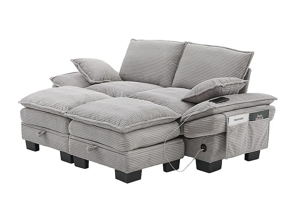 Canapé 2 places velours côtelé, avec deux repose-pieds，mousse haute densité,port USB-C et poches latérales，gris clair