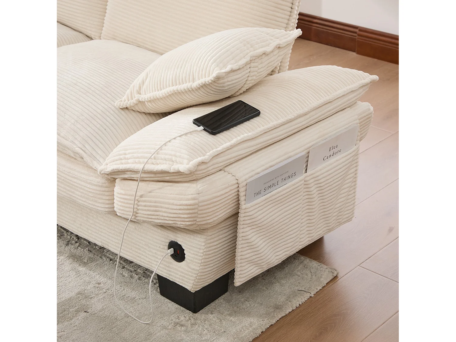 Canapé deux places, en velours côtelé, avec rembourrage en mousse haute densité, port USB-C et poches latérales, beige