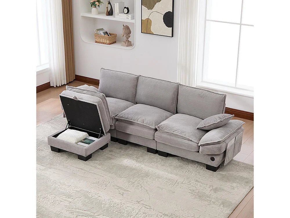 Canapé 3 places velours côtelé, repose-pieds inclus，mousse haute densité,port USB-C et poches latérales，gris clair