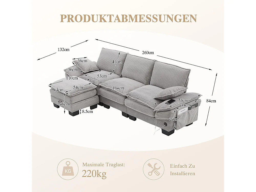 Canapé 3 places velours côtelé, repose-pieds inclus，mousse haute densité,port USB-C et poches latérales，gris clair