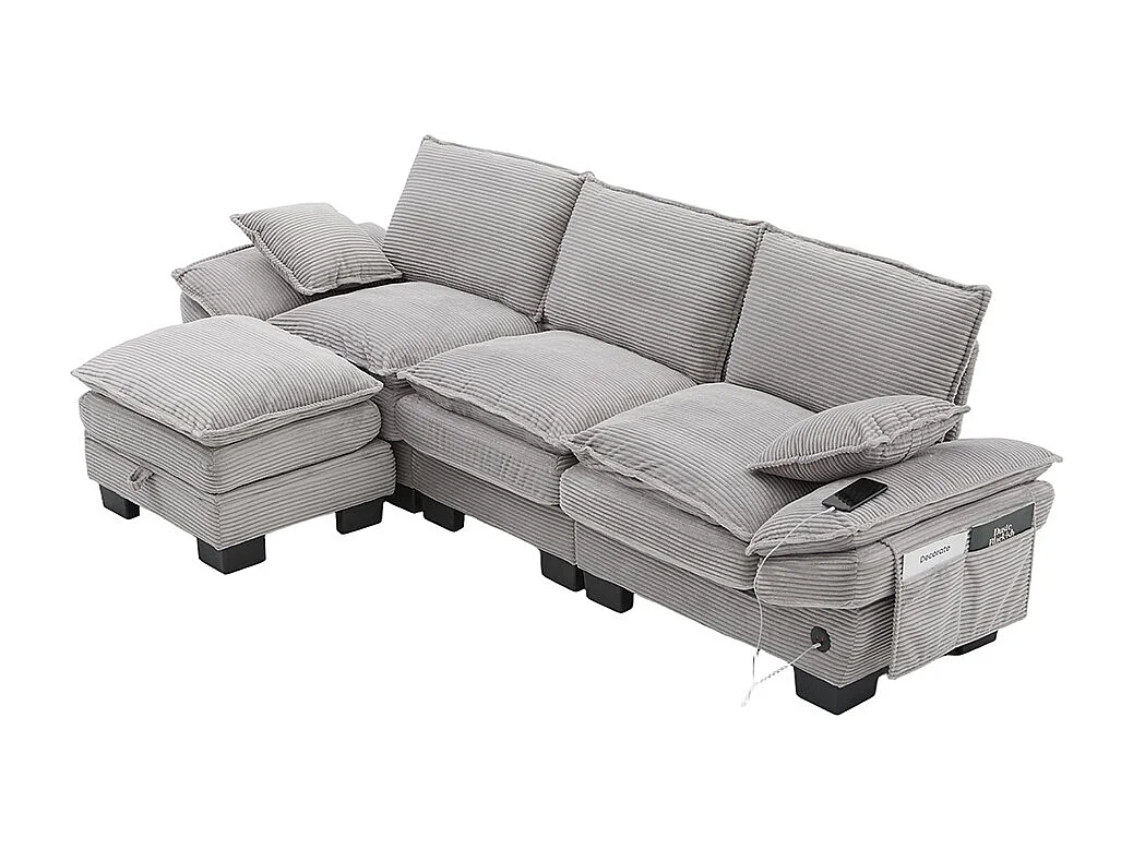 Canapé 3 places velours côtelé, repose-pieds inclus，mousse haute densité,port USB-C et poches latérales，gris clair