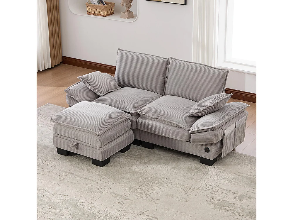Canapé 2 places velours côtelé, repose-pieds inclus，mousse haute densité,port USB-C et poches latérales，gris clair