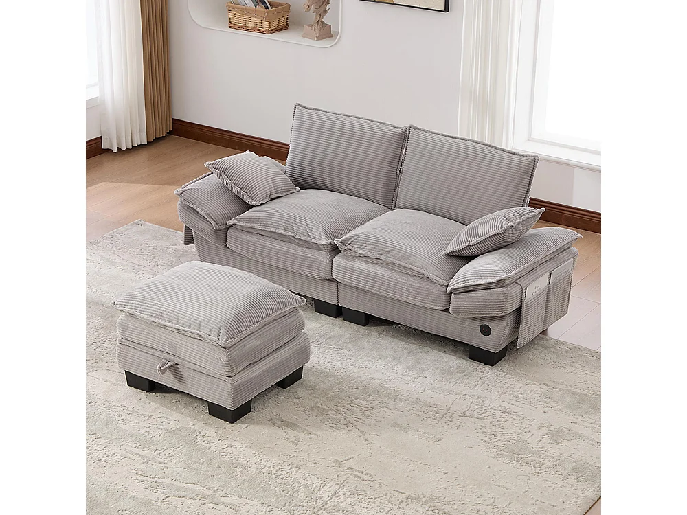 Canapé 2 places velours côtelé, repose-pieds inclus，mousse haute densité,port USB-C et poches latérales，gris clair
