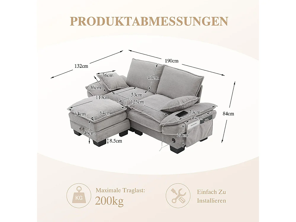 Canapé 2 places velours côtelé, repose-pieds inclus，mousse haute densité,port USB-C et poches latérales，gris clair