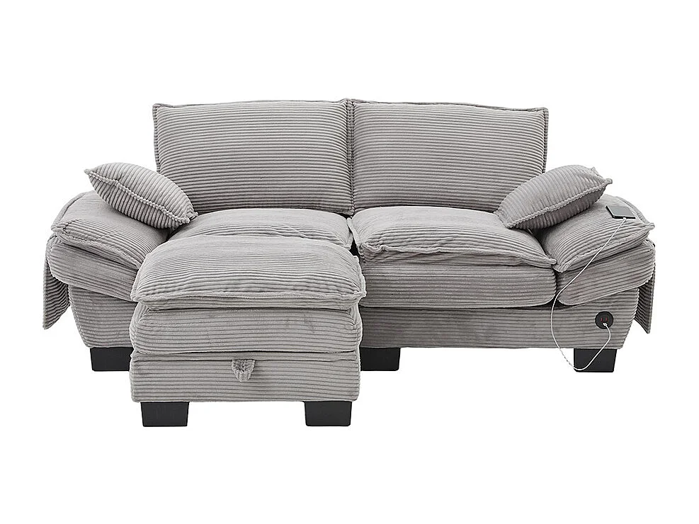 Canapé 2 places velours côtelé, repose-pieds inclus，mousse haute densité,port USB-C et poches latérales，gris clair