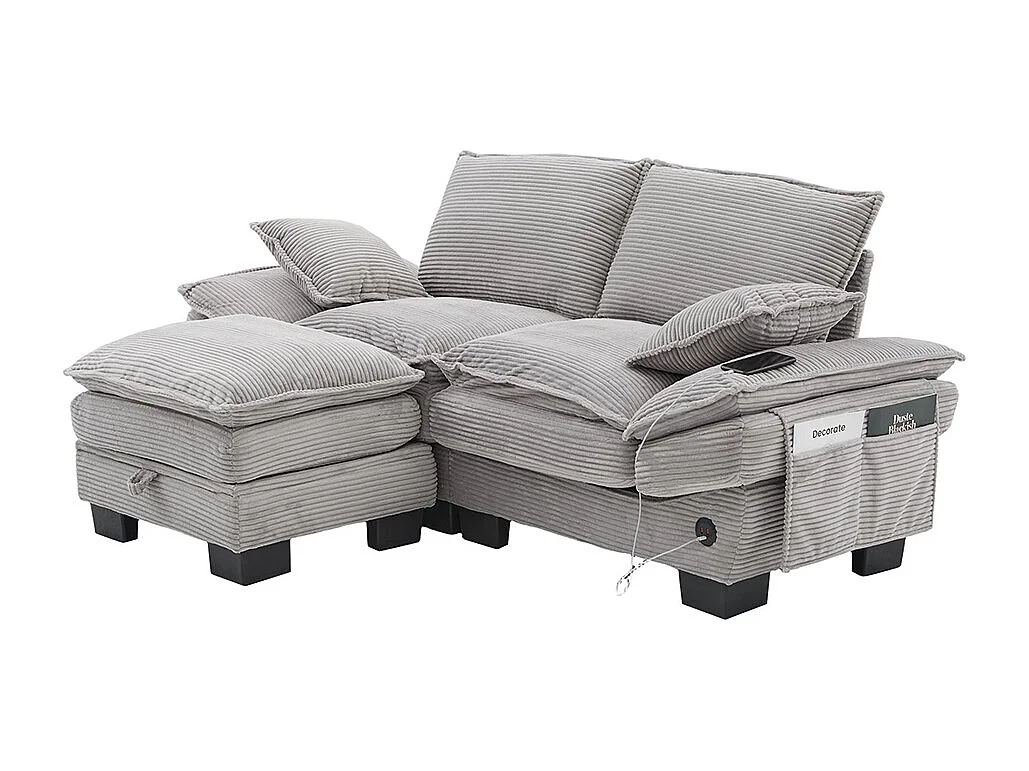 Canapé 2 places velours côtelé, repose-pieds inclus，mousse haute densité,port USB-C et poches latérales，gris clair