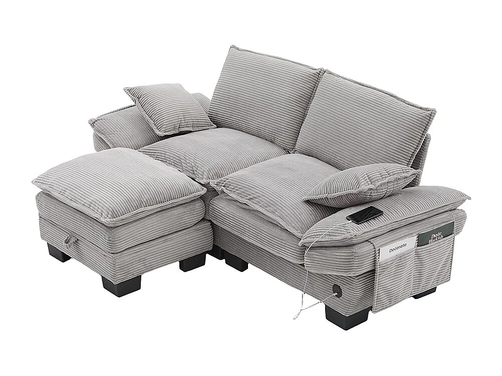 Canapé 2 places velours côtelé, repose-pieds inclus，mousse haute densité,port USB-C et poches latérales，gris clair