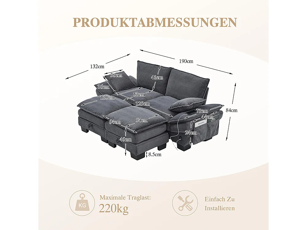Canapé 2 places velours côtelé, avec deux repose-pieds，mousse haute densité,port USB-C et poches latérales，gris foncé