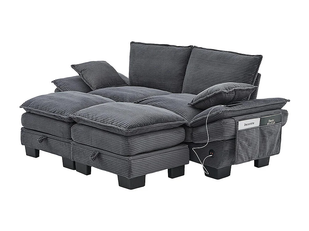 Canapé 2 places velours côtelé, avec deux repose-pieds，mousse haute densité,port USB-C et poches latérales，gris foncé